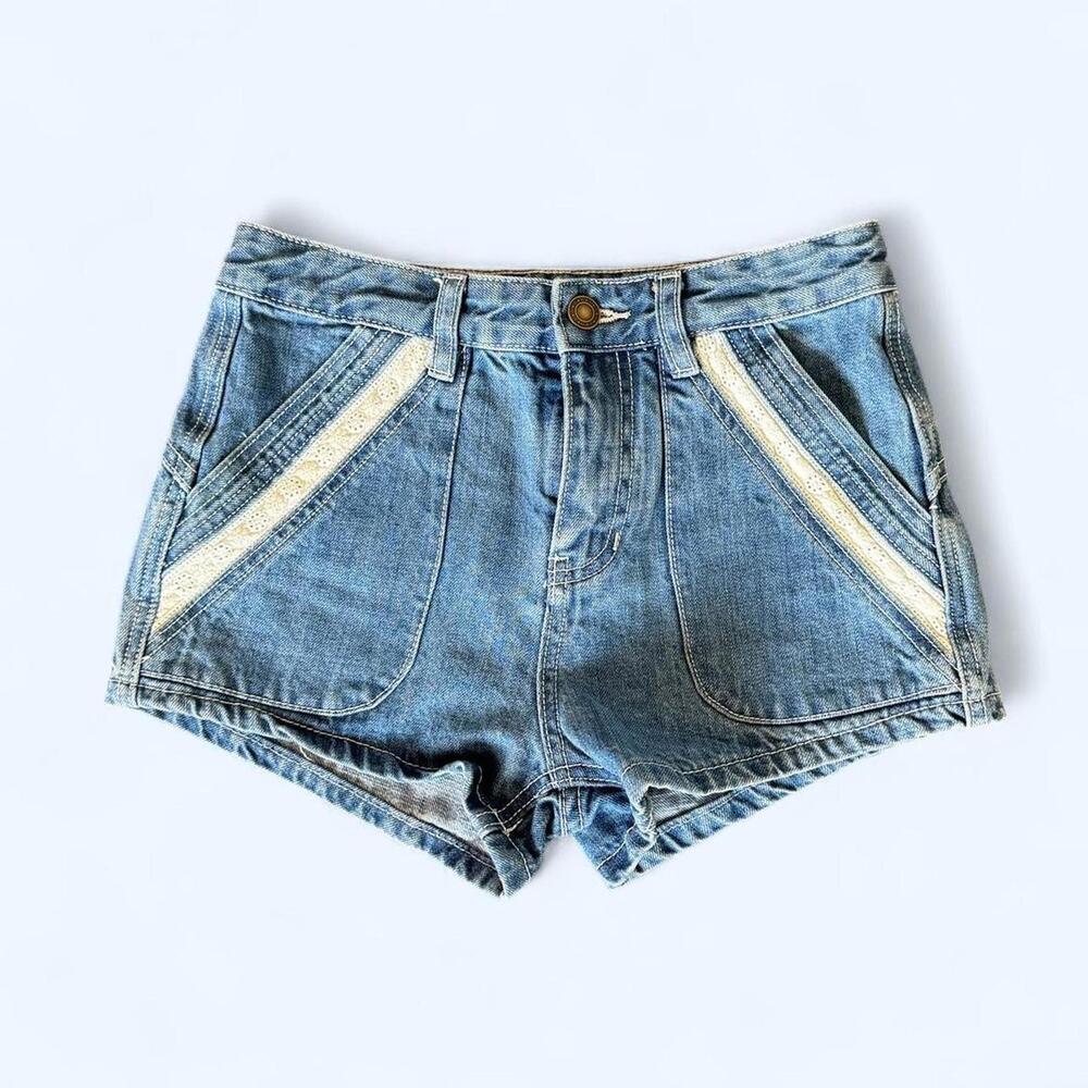 Free People Sweet Surrender White Lace Trim Blue Denim Shorts
